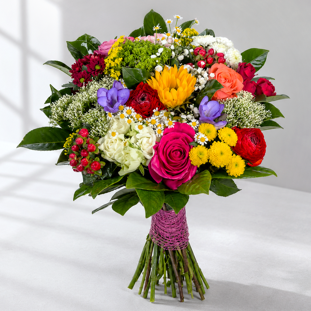 Luxusná farebná kytica so slnečnicou, ružami, fréziami a ranunkulmi – Kvety Lubka Bratislava
