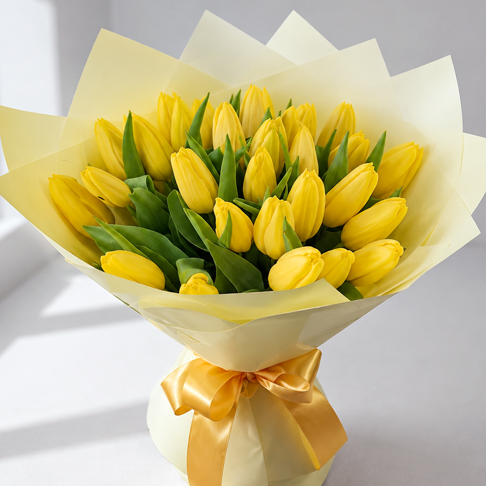 Kytica z 25 žltých tulipánov v elegantnom svetlom floristickom balení so žltou stuhou – Kvety Lubka Bratislava